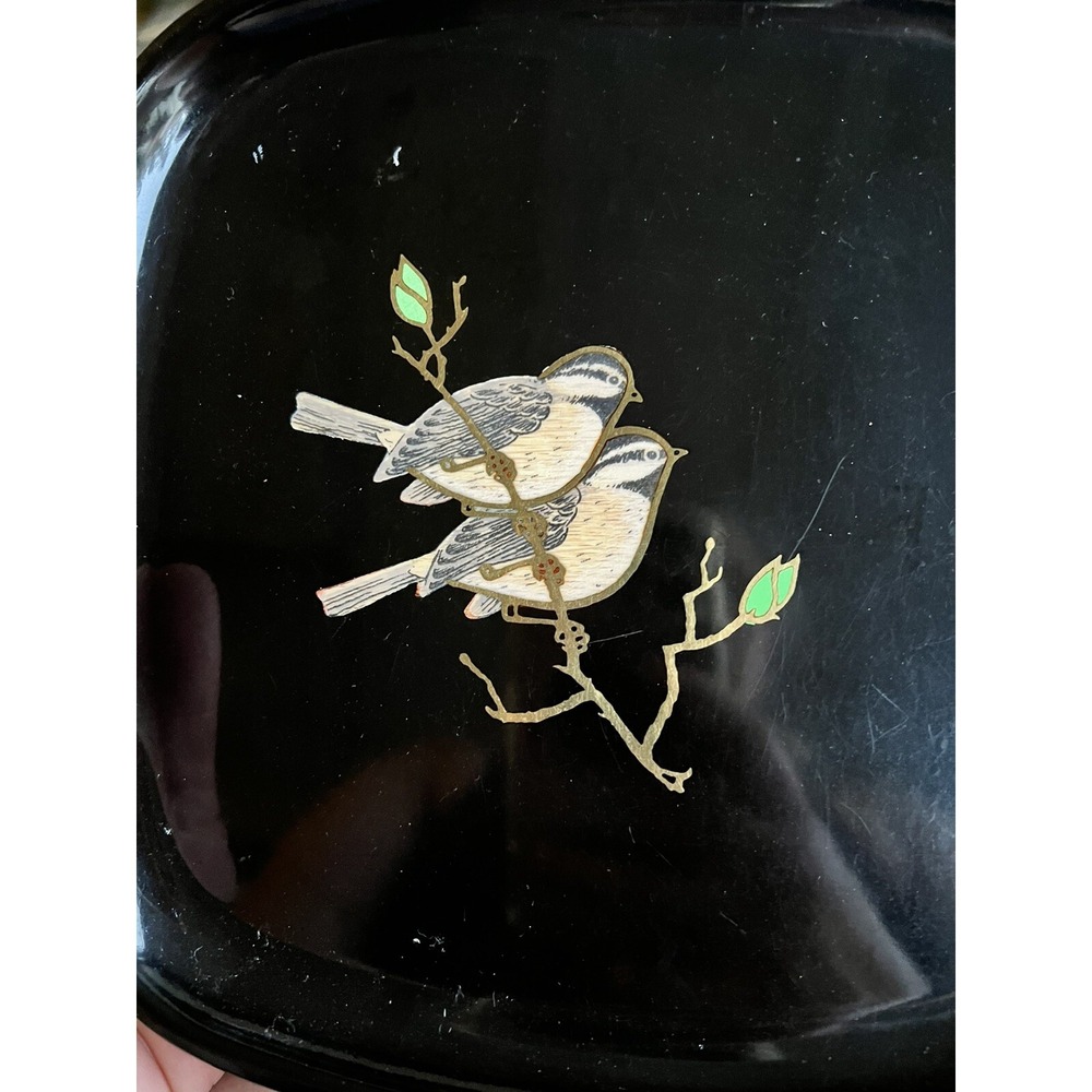 Vintage Couroc of Monterey MCM Inlaid Brass Song Birds Serving Tray Plate